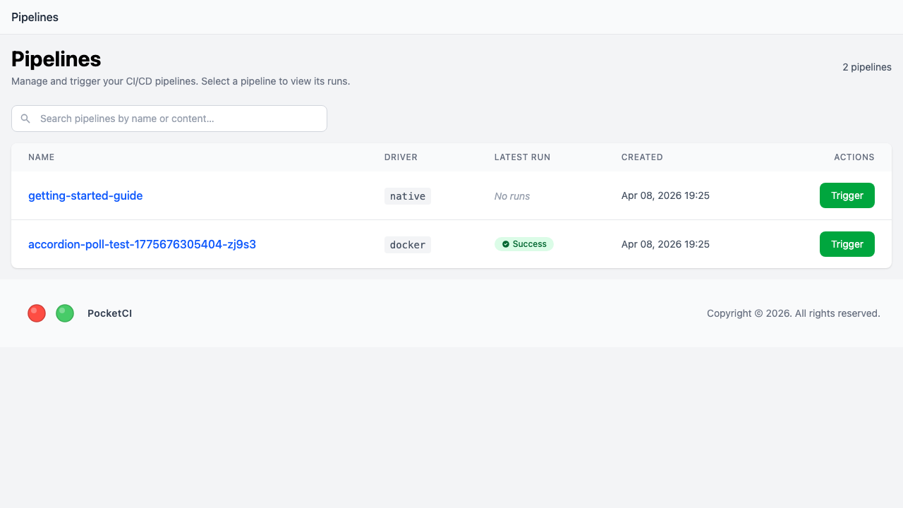 Pipelines list showing the registered hello pipeline