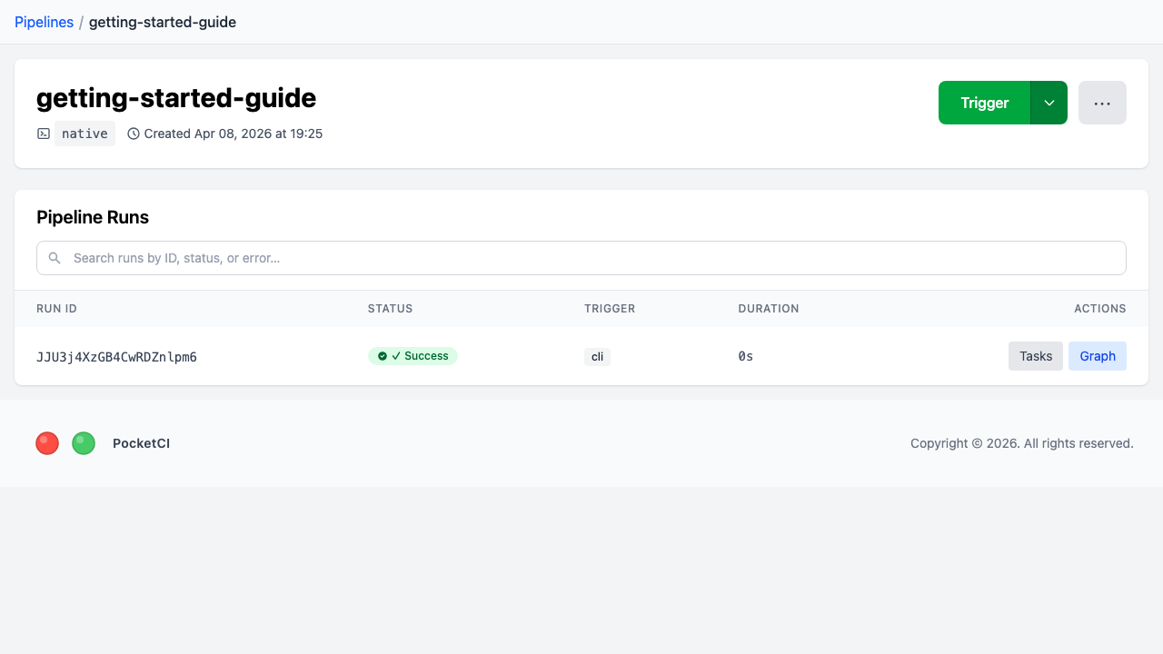 Pipeline detail page showing a successful run