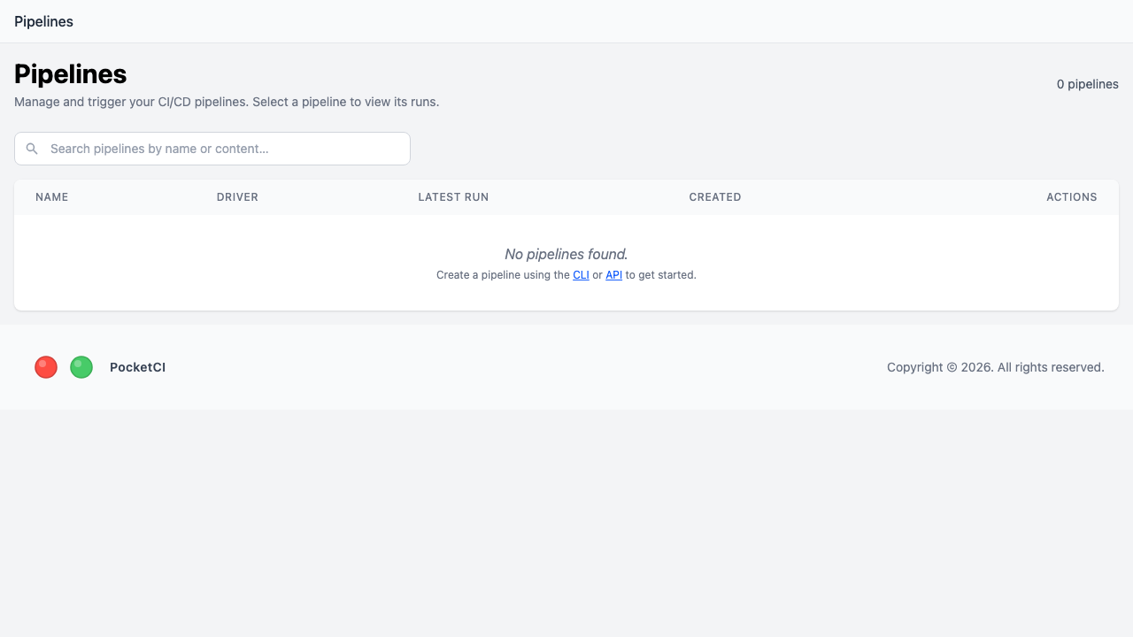 PocketCI server running on Fly.io — empty pipelines list