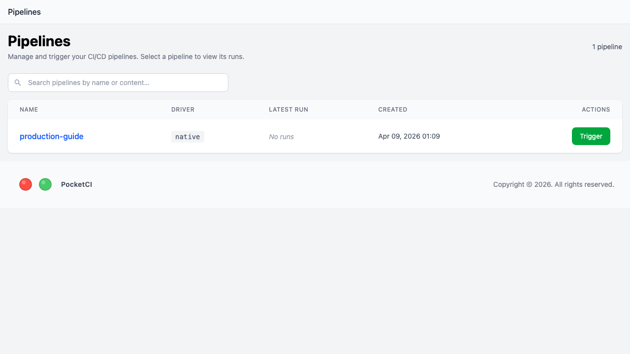 Pipeline registered and visible in the PocketCI web UI